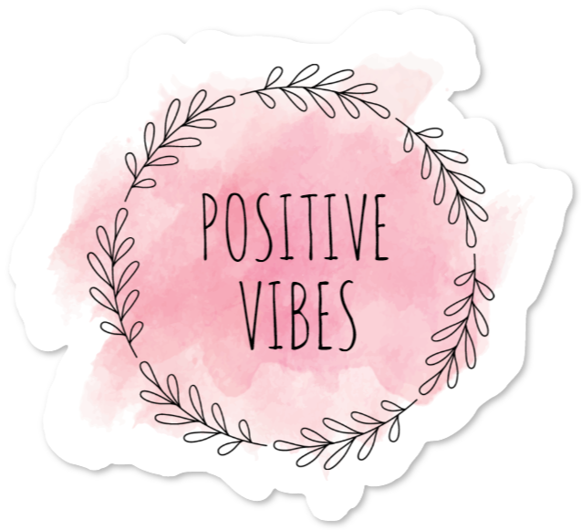 Klistermærke med teksten Positive Vibes i rosa akvarelstil